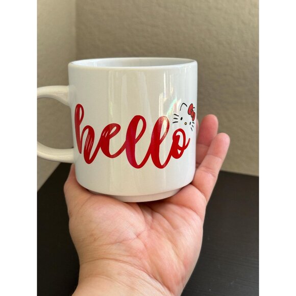 Hello Kitty Script Face Mug | 13 oz Ceramic | Stackable Sanrio Cup | Pre-Loved - Picture 1 of 7